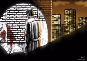 Neo-noir digital painting of a man standing in a back alley after committing a murder