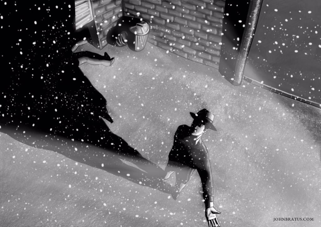 Neo-noir digital painting of a detective on a crime scene during a snowfall