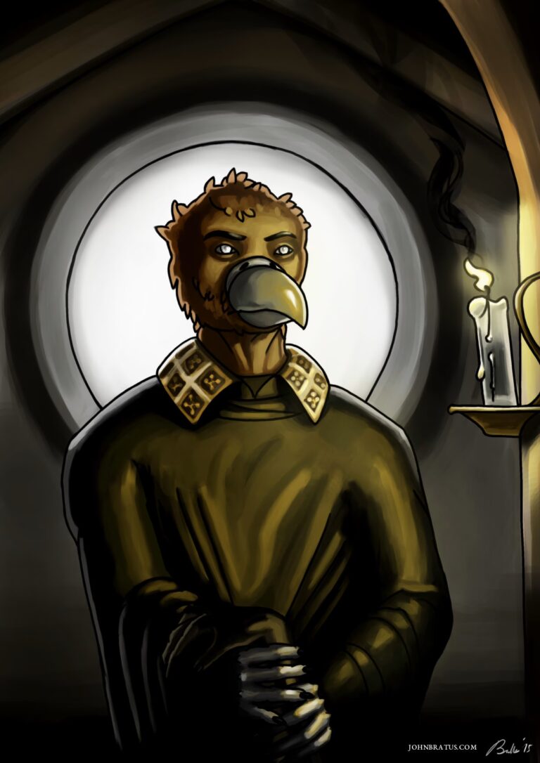 Digital painting of an anthropomorphic griffin in a gloomy monastery, tending the sick