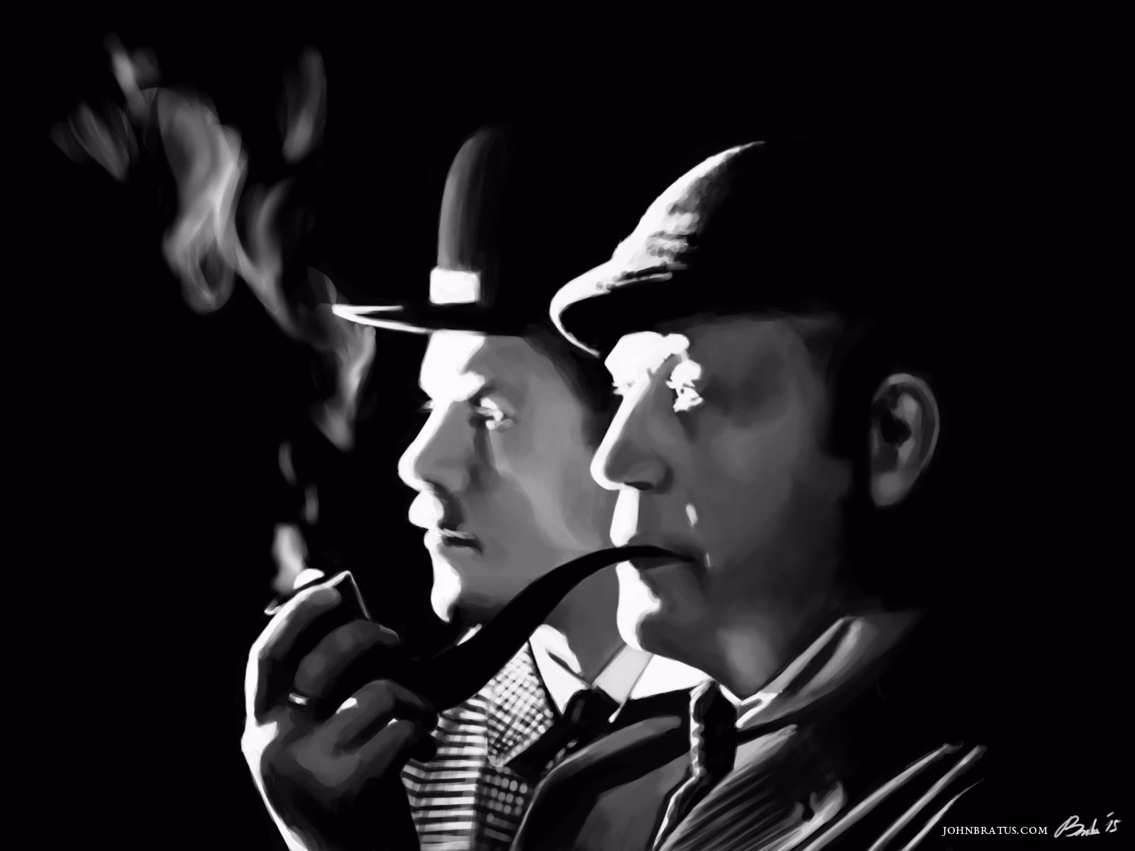 Digital painting of Sherlock Holmes smoking a pipe alongside Doctor Watson from the Russian cinematographic adaptations