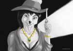 Digital painting of an anthropomorphic fox / wolf hybrid, holding a stiletto and grinning