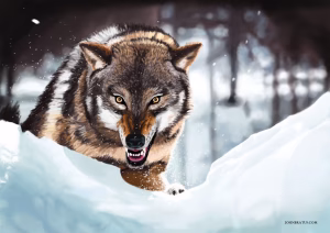 Digital painting of an angry wolf running through snowy expanses
