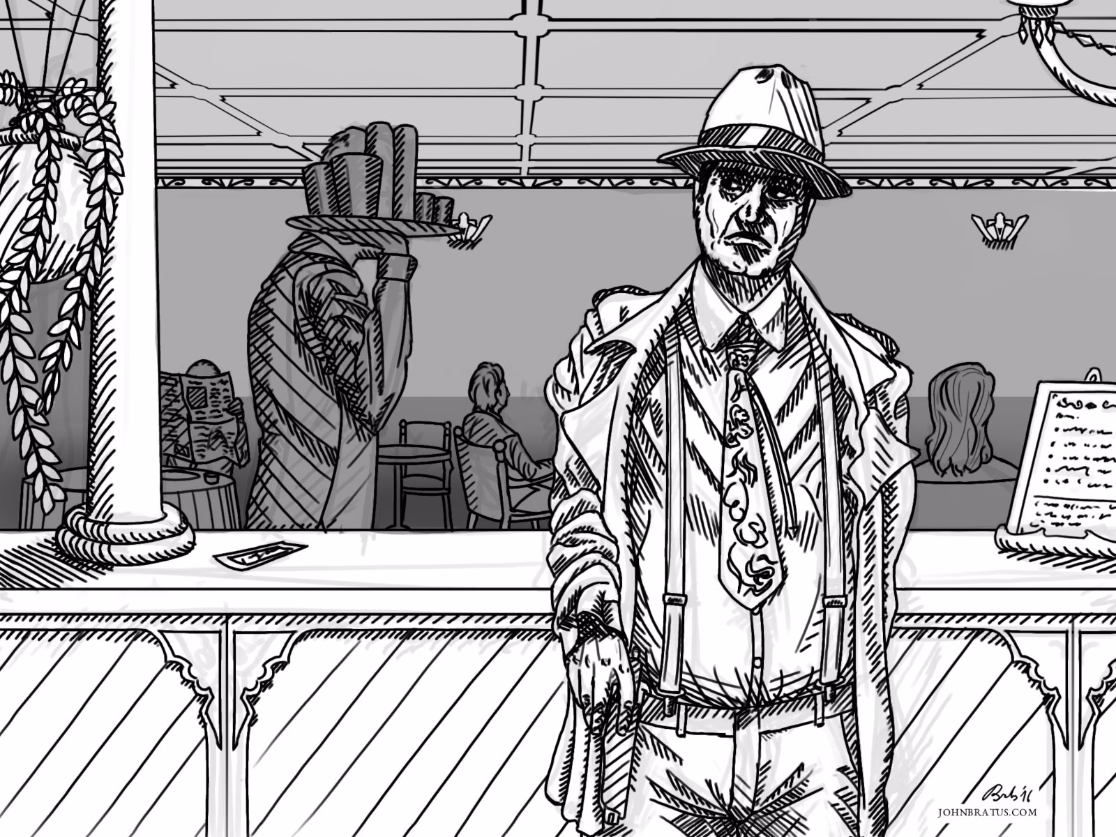 Neo-noir digital illustration of a mobster taking off his trench coat in a restaurant